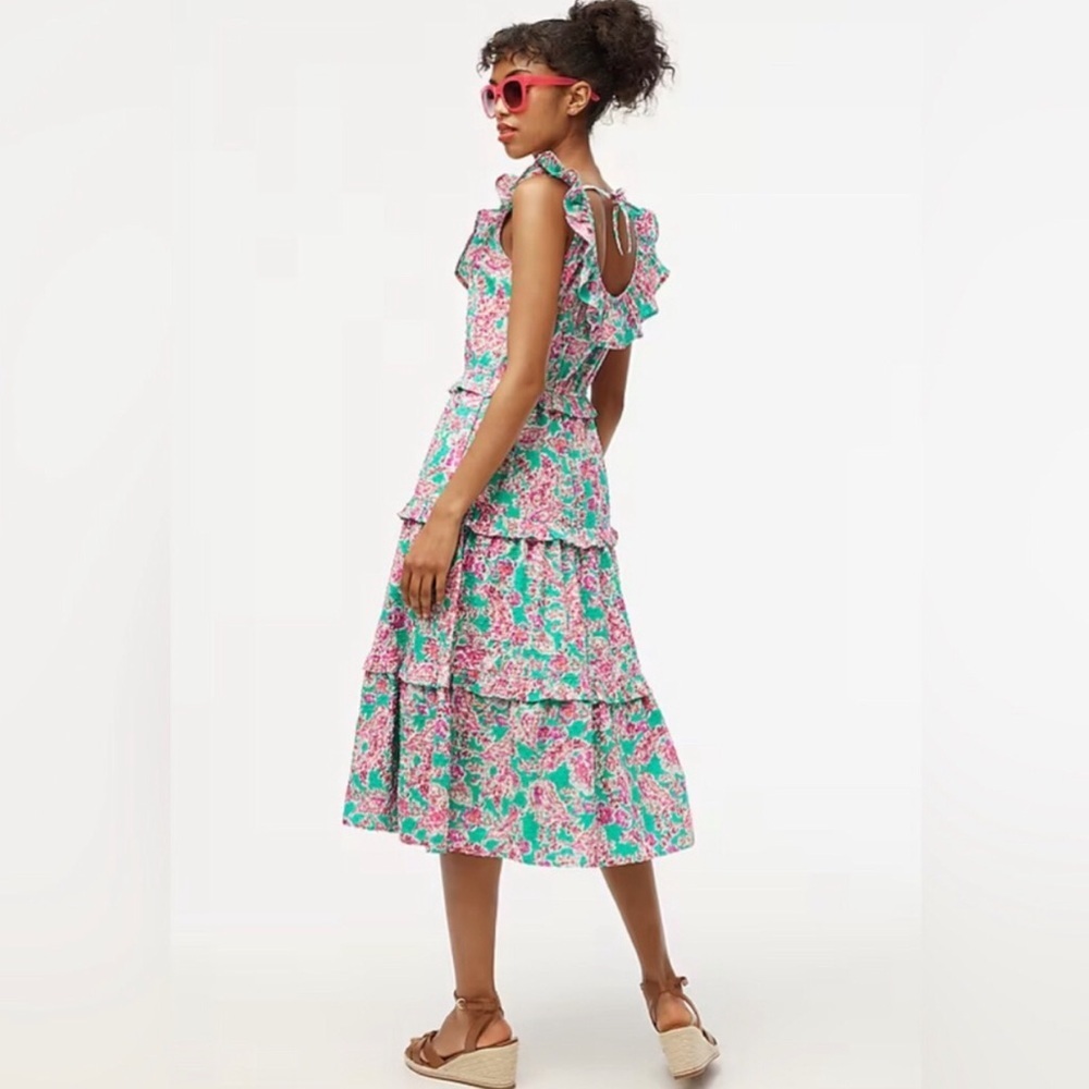 J.Crew Floral Tiered Poplin Midi Dress Women’s 4 Pink Green Floral Flowy - Picture 3 of 11